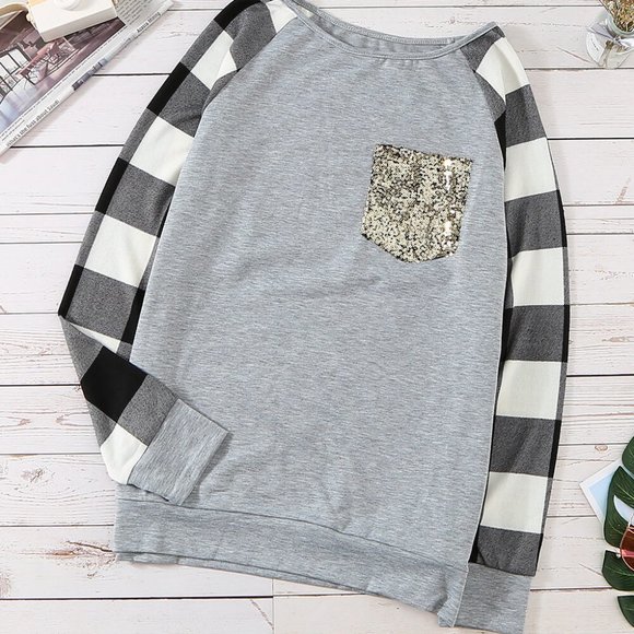 Gray Buffalo Check Long Sleeve Sequin Pocket Shirt - Picture 4 of 8